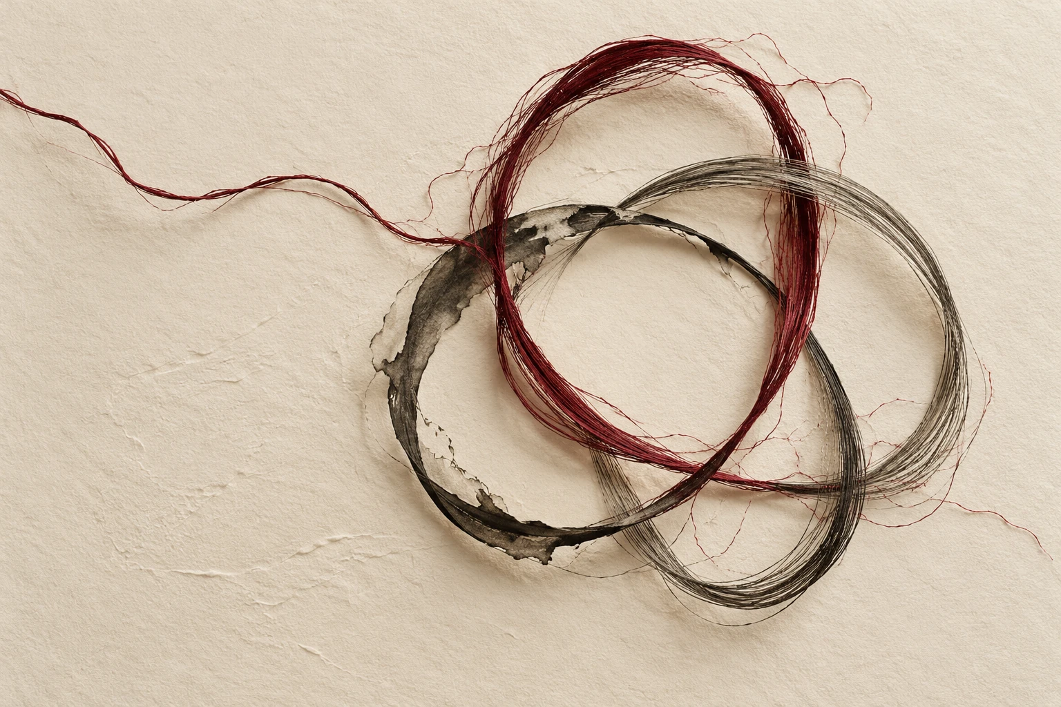 Composición abstracta de trazos entrelazados inspirada en el nudo borromeo y el vacío central